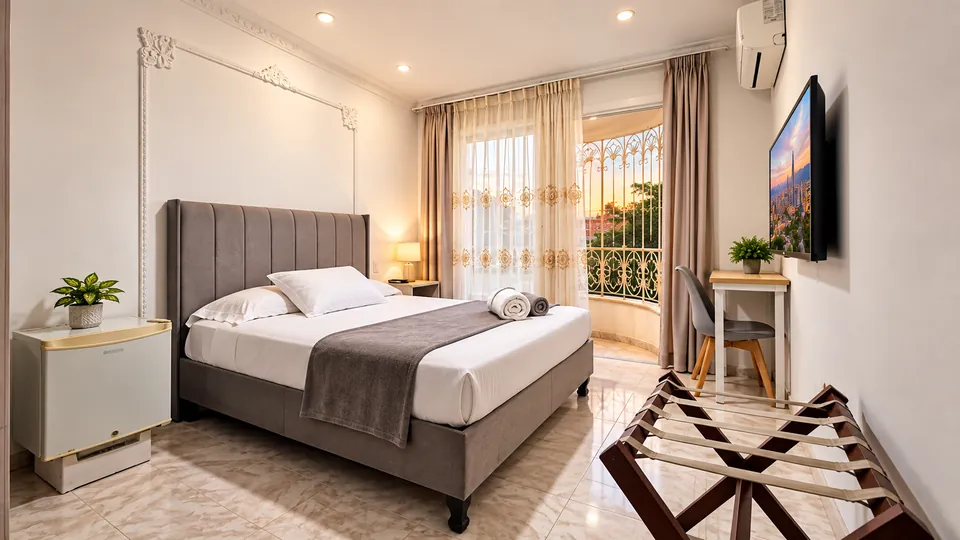 Habitación 103 del Hotel Casa Sharon con cama doble y balcón